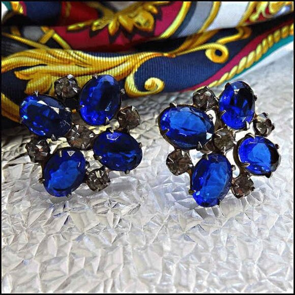1940s Blue Sapphire Glass Sterling Silver Vintage Earrings - Picture 3 of 8